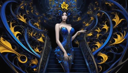 blue enchantress,queen of the night,fantasy art,priestess,sorceress,the enchantress,fairy queen,zodiac sign libra,gatekeeper (butterfly),dark blue and gold,lady of the night,amano,goddess of justice,monarch,firebird,faerie,blue butterfly,the zodiac sign pisces,ulysses butterfly,zodiac sign gemini,Conceptual Art,Fantasy,Fantasy 34