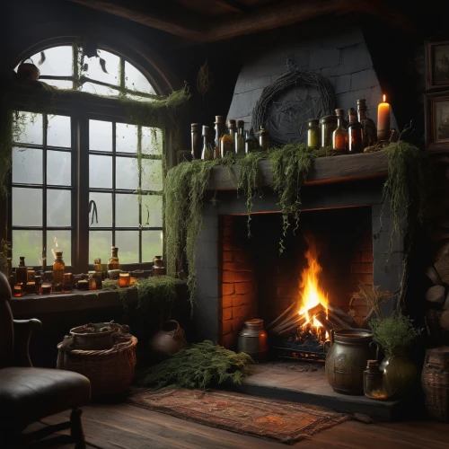 fireplace,fireplaces,apothecary,hobbiton,fire place,wood-burning stove,fireside,christmas fireplace,tavern,witch's house,hearth,collected game assets,wood stove,log fire,warm and cozy,candlemaker,blackhouse,country cottage,rustic,winter house,Conceptual Art,Oil color,Oil Color 11