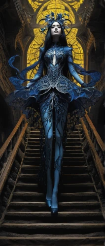 blue enchantress,girl on the stairs,goddess of justice,the enchantress,fantasia,hall of the fallen,sorceress,bjork,winterblueher,scales of justice,mezzelune,mystique,sapphire,priestess,queen cage,descent,ascending,ice queen,gatekeeper (butterfly),end-of-admoria,Illustration,Black and White,Black and White 01