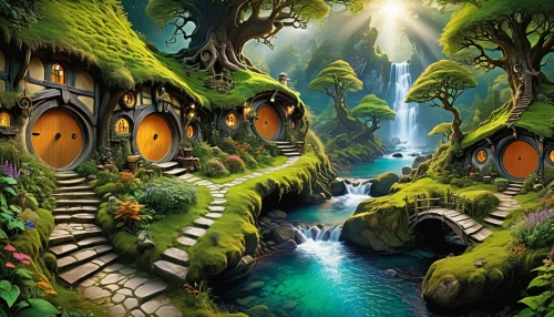 fairy village,druid grove,tree house hotel,elves flight,hobbiton,scandia gnomes,elven forest,fairy forest,greenforest,enchanted forest,fairy house,fairy world,eco hotel,tree house,lodging,fantasy landscape,rain forest,cartoon forest,mushroom landscape,house in the forest,Illustration,Realistic Fantasy,Realistic Fantasy 39