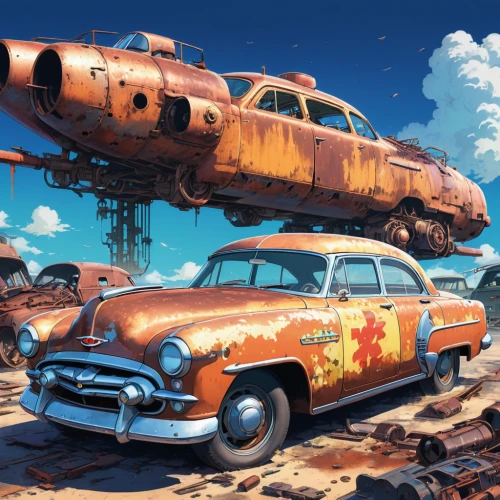 rusty cars,junk yard,junkyard,hudson hornet,rust truck,scrapyard,salvage yard,atomic age,rust-orange,ford prefect,old cars,metal rust,buick super,car hop,fallout4,station wagon-station wagon,volvo amazon,retro vehicle,rusting,route66,Illustration,Japanese style,Japanese Style 03