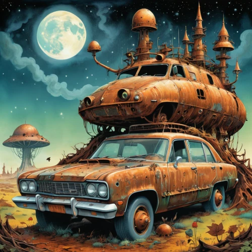 station wagon-station wagon,moon car,old halloween car,halloween car,halloween travel trailer,ford prefect,moon vehicle,gas planet,moon rover,scrap car,t-model station wagon,ford galaxy,science fiction,mission to mars,the vehicle,retro vehicle,space ship,science-fiction,cd cover,vwbus,Illustration,Realistic Fantasy,Realistic Fantasy 02