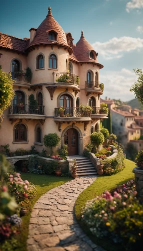 fairy tale castle,hobbiton,beautiful home,fairytale castle,render,3d rendered,fairy tale castle sigmaringen,3d render,transylvania,knight village,3d fantasy,3d rendering,french building,beautiful buildings,chateau,fairytale,home landscape,fairy tale,hacienda,mansion,Photography,General,Cinematic