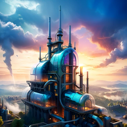 industrial landscape,heavy water factory,refinery,steam engine,chemical plant,steampunk,futuristic landscape,sci fiction illustration,steam power,steam icon,industrial plant,fantasy city,hot-air-balloon-valley-sky,industry 4,distillation,powerplant,petrochemicals,diving bell,petrochemical,industrial ruin,Illustration,Realistic Fantasy,Realistic Fantasy 01