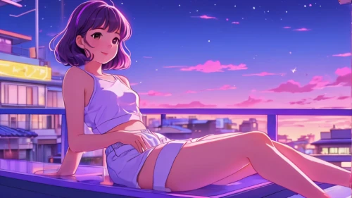 rooftop,summer background,on the roof,dusk background,honolulu,sakura background,rooftops,summer evening,mikuru asahina,japanese sakura background,anime japanese clothing,pink-purple,light purple,purple wallpaper,ultraviolet,roof top,aesthetic,cityscape,芦ﾉ湖,summer sky,Illustration,Japanese style,Japanese Style 01