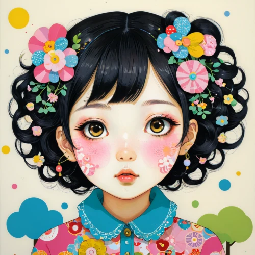 painter doll,artist doll,japanese doll,japanese floral background,japanese kawaii,shirakami-sanchi,girl doll,tumbling doll,the japanese doll,girl in flowers,soft pastel,flower painting,kawaii girl,candy island girl,colorful heart,flower fairy,doll's facial features,floral background,illustrator,peach blossom,Illustration,Japanese style,Japanese Style 16