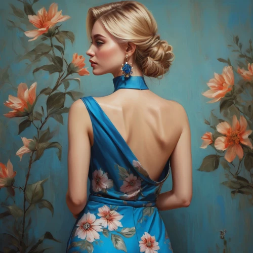 flower painting,girl in flowers,blue jasmine,blue rose,oil painting,floral background,romantic portrait,oil painting on canvas,blue petals,floral,jasmine blue,art painting,magnolia,fashion illustration,digital painting,world digital painting,flora,splendor of flowers,blue daisies,vintage floral,Conceptual Art,Fantasy,Fantasy 15