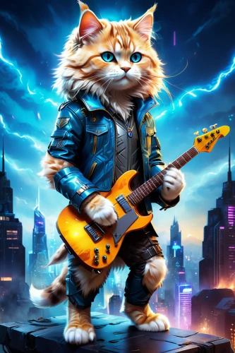 thundercat,cartoon cat,cat warrior,guitar player,tom cat,electric guitar,guitar solo,rock band,lead guitarist,the cat and the,red tabby,musical rodent,cat vector,stray cats,guitarist,american bobtail,jazz guitarist,thrash metal,ibanez,rock music,Illustration,Realistic Fantasy,Realistic Fantasy 01