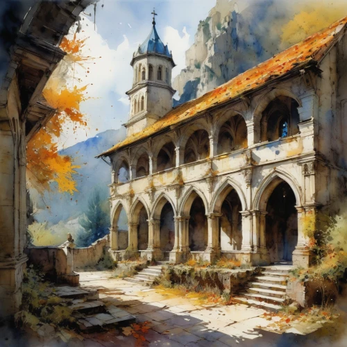 church painting,monastery,autumn landscape,autumn scenery,fall landscape,autumn morning,autumn idyll,medieval architecture,the autumn,autumn background,autumn day,one autumn afternoon,in the autumn,stone palace,watercolor,watercolor shops,autumn light,light of autumn,mountain settlement,autumn,Illustration,Paper based,Paper Based 15