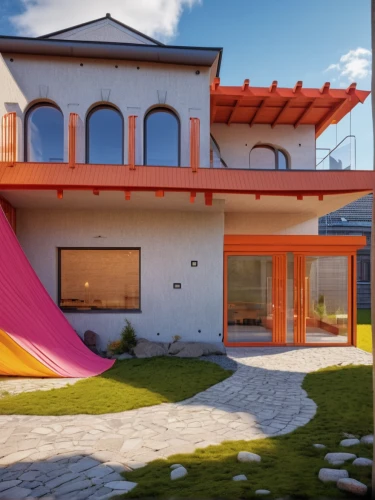 3d rendering,dunes house,cubic house,modern house,render,folding roof,holiday villa,cube house,roof landscape,modern architecture,house shape,mid century house,frame house,exterior decoration,red roof,3d render,eco-construction,thermal insulation,pool house,beautiful home,Photography,General,Realistic