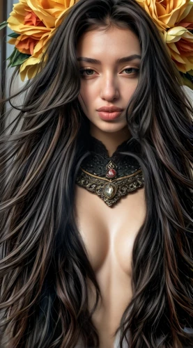 oriental longhair,fantasy art,fantasy portrait,elven flower,polynesian girl,tiger lily,fantasy woman,passionflower,world digital painting,sunflower coloring,lotus png,dahlia,rosa ' amber cover,sunflower,sunflower lace background,artificial hair integrations,breastplate,portrait background,image manipulation,oriental princess