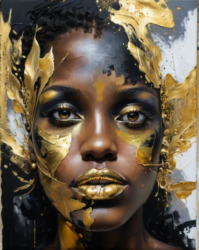 gold leaf,gold paint stroke,gold paint strokes,gold foil art,golden mask,oil painting on canvas,gold mask,golden crown,gold foil,gold lacquer,mystical portrait of a girl,african art,yellow-gold,gold filigree,golden wreath,mary-gold,african woman,gilding,black and gold,gold foil crown,Art,Artistic Painting,Artistic Painting 29