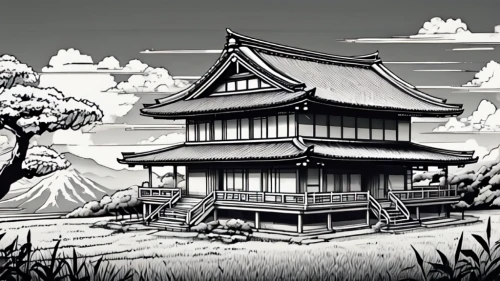 tsukemono,house silhouette,lonely house,ancient house,ginkaku-ji,japanese architecture,witch's house,cool woodblock images,wooden house,japanese background,japanese shrine,ryokan,japanese-style room,witch house,little house,traditional house,studio ghibli,japan landscape,kinkaku-ji,small house,Illustration,Japanese style,Japanese Style 04