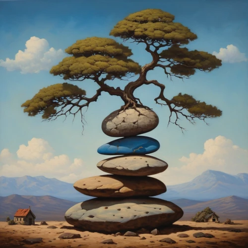 isolated tree,balanced boulder,background with stones,equilibrist,argan tree,prostrate juniper,bonsai,tree thoughtless,lone tree,mushroom landscape,cairn,bonsai tree,arid landscape,pine-tree,tree mushroom,the japanese tree,arid land,balanced pebbles,arid,landscape background,Photography,Artistic Photography,Artistic Photography 14