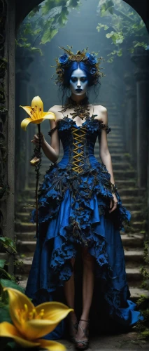 blue enchantress,masquerade,faerie,the enchantress,priestess,sorceress,faery,rusalka,blue rose,fairy queen,fantasy woman,digital compositing,dryad,photomanipulation,mazarine blue,image manipulation,bodypainting,dark blue and gold,fantasy picture,mystical portrait of a girl,Photography,General,Fantasy