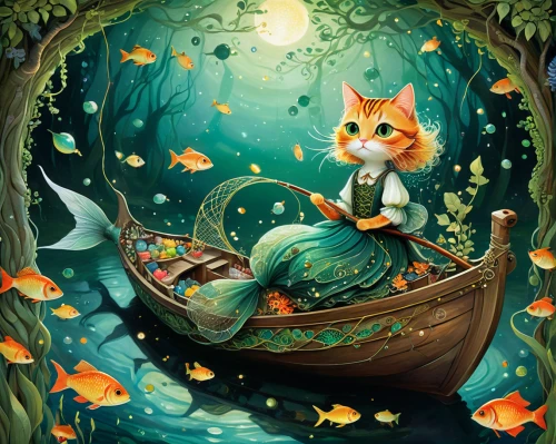 fishing float,mermaid background,forest fish,fantasy picture,rosa ' amber cover,nami,fantasy art,cat-ketch,garden-fox tail,underwater background,whimsical animals,little boat,fairy tale character,game illustration,ritriver and the cat,fishing,fish in water,rescue alley,rowboat,gold fish,Illustration,Realistic Fantasy,Realistic Fantasy 05