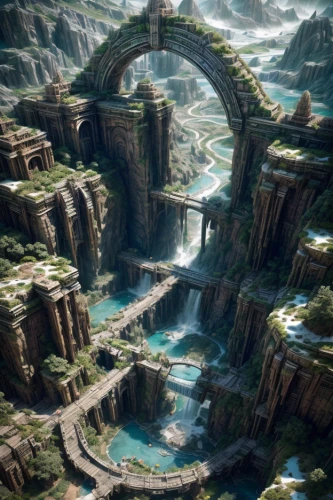 futuristic landscape,ancient city,fantasy landscape,terraforming,3d fantasy,virtual landscape,aerial landscape,atlantis,artificial island,dragon bridge,stargate,fantasy city,mountain world,flow of time,imperial shores,the valley of the,fantasy world,mountainous landscape,heaven gate,canyon