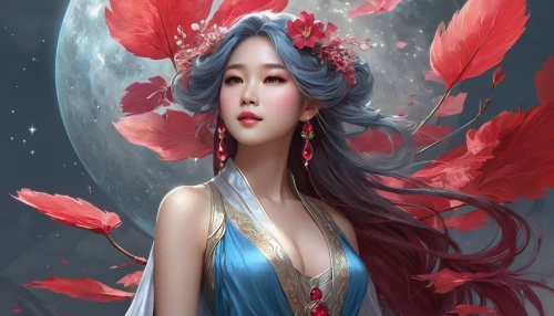 oriental princess,flower fairy,fantasy portrait,chinese art,fantasy art,faerie,fairy queen,faery,blue moon rose,fantasy picture,zodiac sign libra,oriental girl,coral bells,mermaid background,lotus blossom,elven flower,fairy tale character,rosa 'the fairy,the zodiac sign pisces,world digital painting,Illustration,Realistic Fantasy,Realistic Fantasy 01