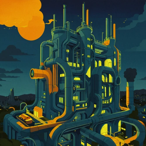 fantasy city,industrial landscape,refinery,gold castle,sci fiction illustration,metropolis,chemical plant,industrial ruin,factories,industries,ghost castle,transistor,post-apocalyptic landscape,industrial plant,industry,futuristic landscape,ancient city,game illustration,yellow machinery,industrial,Illustration,Vector,Vector 05