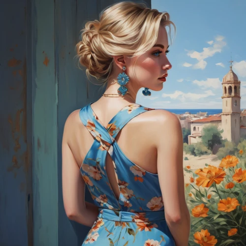 blue jasmine,italian painter,girl in a long dress,art painting,fashion illustration,updo,world digital painting,blue painting,oil painting,flower painting,a girl in a dress,girl in a long dress from the back,girl in flowers,romantic portrait,floral dress,girl in the garden,meticulous painting,painting,photo painting,vanessa (butterfly),Conceptual Art,Fantasy,Fantasy 15