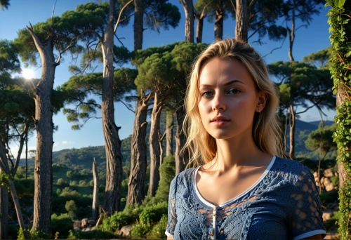 olive grove,digital compositing,girl with tree,background bokeh,girl in the garden,capri,landscape background,girl in flowers,jessamine,depth of field,lens flare,background view nature,argan tree,provence,bokeh effect,olive tree,young woman,scilla,lycia,overlook,Photography,General,Realistic