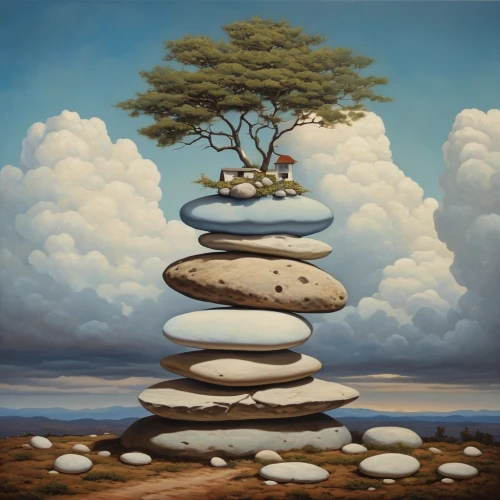 cairn,equilibrist,isolated tree,balanced boulder,rock cairn,stacking stones,equilibrium,surrealism,balancing,background with stones,stack of stones,mushroom landscape,balancing act,lone tree,floating island,stone balancing,rock stacking,stacked rock,balanced pebbles,bonsai,Photography,Artistic Photography,Artistic Photography 14