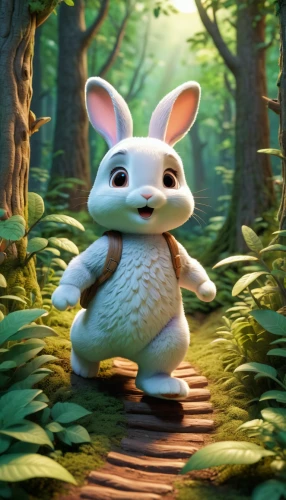 thumper,peter rabbit,hare trail,forest animal,cute cartoon character,little rabbit,white rabbit,wood rabbit,cottontail,little bunny,wild rabbit,rebbit,jack rabbit,white bunny,bunny,rabbit,forest background,audubon's cottontail,baby bunny,baby rabbit,Unique,3D,3D Character