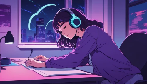 girl studying,listening to music,night administrator,girl at the computer,headphone,music background,blogs music,writing about,listening,headphones,streaming,writer,writing,desk,study room,music,music producer,music workstation,writing-book,write,Illustration,Japanese style,Japanese Style 06