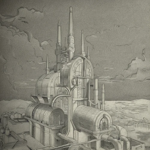 industrial landscape,refinery,heavy water factory,chemical plant,concrete plant,industrial plant,industries,industry,power plant,industrial tubes,atomic age,coal-fired power station,nuclear power plant,petrochemical,factories,metropolis,powerplant,factory ship,dust plant,fallout4,Design Sketch,Design Sketch,Pencil