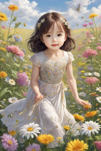 girl in flowers,little girl in wind,girl picking flowers,flower girl,beautiful girl with flowers,little girl fairy,children's background,flower background,girl in the garden,little girl in pink dress,meadow daisy,flower fairy,field of flowers,child fairy,child portrait,sea of flowers,mystical portrait of a girl,blanket of flowers,flower painting,flower field,Digital Art,Character Design