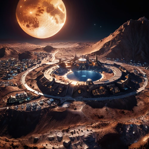 moon base alpha-1,futuristic landscape,mining facility,lunar landscape,alien world,io centers,desert planet,terraforming,moon valley,alien planet,exoplanet,space port,planet mars,crater,valley of the moon,hub,federation,ancient city,red planet,hospital landing pad,Photography,General,Cinematic