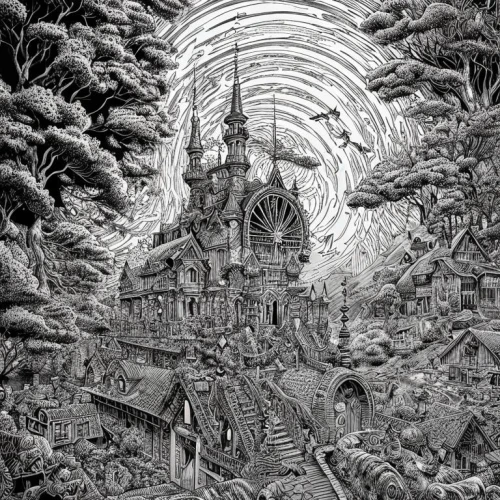 haunted cathedral,ghost castle,christmas landscape,panoramical,temples,escher,apocalyptic,pen drawing,post-apocalyptic landscape,destroyed city,cathedral,basil's cathedral,psychedelic art,haunted castle,sci fiction illustration,magic castle,fairy tale castle,holy forest,notre dame,saint basil's cathedral,Art sketch,Art sketch,Fine Decoration