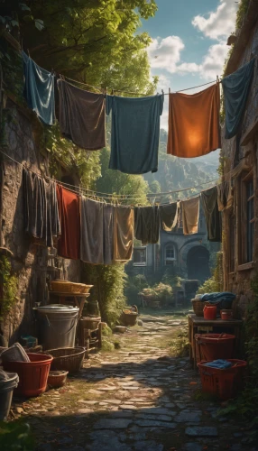 laundry,laundry shop,dry laundry,laundry room,washing clothes,washing line,woman hanging clothes,village life,laundry supply,mollete laundry,laundress,clothesline,mountain settlement,medieval street,laundromat,knitting laundry,washing,world digital painting,launder,mountain village,Photography,General,Fantasy