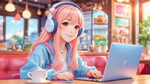 listening to music,music background,girl studying,blogs music,girl at the computer,headphone,coffee background,musical background,streaming,music,anime 3d,online date,laptop,creative background,anime girl,mocaccino,anime cartoon,3d background,rainbow background,music producer,Illustration,Japanese style,Japanese Style 02