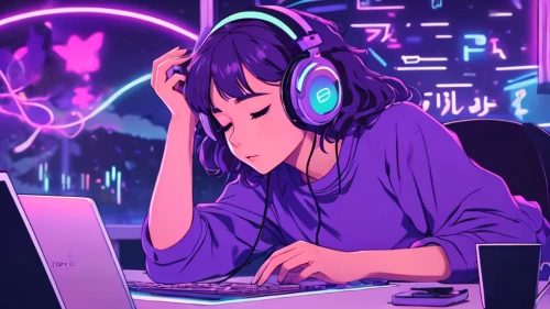streaming,girl at the computer,dj,music background,listening to music,vector art,blogs music,vector illustration,music producer,disk jockey,retro music,music,headphone,purple background,girl studying,stream,musical background,music workstation,computer addiction,game illustration,Illustration,Japanese style,Japanese Style 04