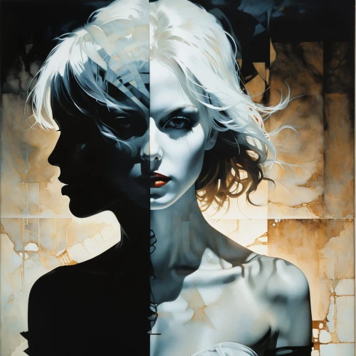 underworld,white lady,blonde woman,transistor,oil painting on canvas,femme fatale,birds of prey-night,gothic portrait,dark art,clue and white,oil on canvas,stave,robert harbeck,looking glass,mirror of souls,canary,james handley,white bird,italian poster,mystery book cover,Illustration,Paper based,Paper Based 12