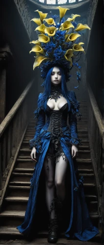 blue enchantress,crow queen,priestess,queen of the night,gothic fashion,cosplay image,gothic woman,gothic portrait,sorceress,gentiana,sapphire,masquerade,dark blue and gold,rusalka,lady of the night,celtic queen,blue peacock,throne,the enchantress,queen cage,Photography,Artistic Photography,Artistic Photography 13