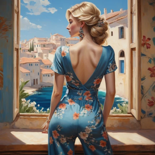 italian painter,blue jasmine,girl in a long dress from the back,world digital painting,girl in a long dress,positano,capri,blonde woman,magnolia,romantic portrait,rapunzel,retro pin up girl,cocktail dress,a girl in a dress,vintage art,rear window,pin-up girl,venetian,meticulous painting,girl from behind,Conceptual Art,Fantasy,Fantasy 15