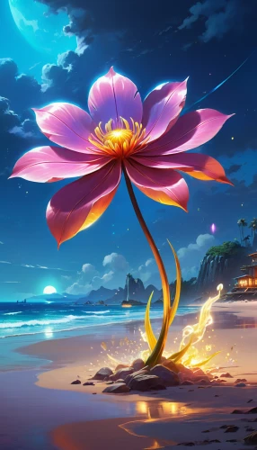 beach moonflower,flower in sunset,water lotus,flower background,flower of water-lily,sacred lotus,magic star flower,lotus blossom,lotus flower,water flower,star flower,starflower,waterlily,flame flower,night-blooming cactus,flower painting,lily flower,fire flower,magnolia star,desert flower,Illustration,Realistic Fantasy,Realistic Fantasy 01