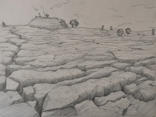 arid landscape,post-apocalyptic landscape,karst landscape,swampy landscape,stone desert,scorched earth,sea trenches,volcanic landscape,brook landscape,lunar landscape,stream bed,erosion,soil erosion,desertification,terraforming,excavation,fossil dunes,barren,desert landscape,small landscape,Design Sketch,Design Sketch,Pencil