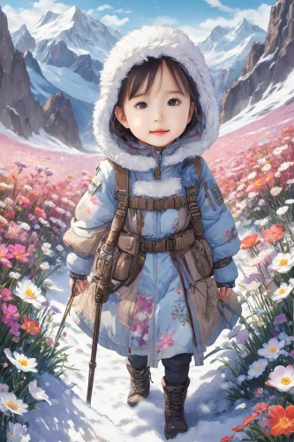 eskimo,little girl in wind,glory of the snow,field of flowers,mountain guide,girl picking flowers,tundra,winter background,girl in flowers,girl and boy outdoor,snow fields,parka,the valley of flowers,cold cherry blossoms,flower field,blanket of flowers,winter clothing,adventurer,snow drawing,winter rose,Digital Art,Anime
