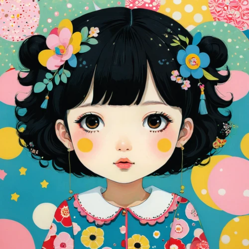 painter doll,japanese floral background,artist doll,girl doll,japanese doll,soft pastel,kokeshi doll,tumbling doll,doll's facial features,floral background,peach blossom,girl in flowers,cherry blossom,flower ribbon,like doll,doll face,the japanese doll,japanese kawaii,vintage doll,cute cartoon character,Illustration,Japanese style,Japanese Style 16