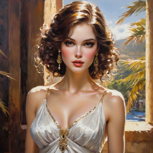 emile vernon,romantic portrait,young woman,fantasy art,fantasy portrait,mystical portrait of a girl,portrait of a girl,comely,oil painting,girl portrait,art painting,romantic look,female beauty,ancient egyptian girl,oil painting on canvas,a charming woman,vintage woman,pretty young woman,italian painter,pearl necklace,Conceptual Art,Oil color,Oil Color 09