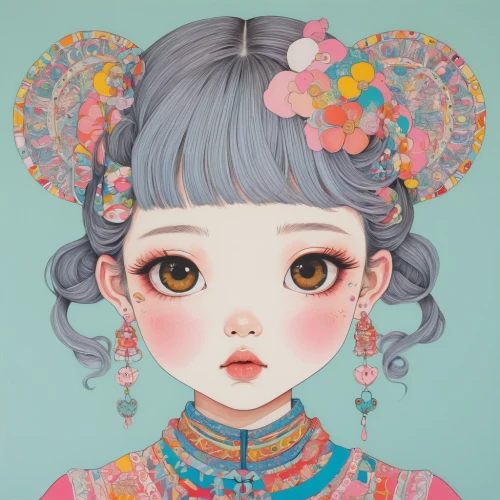 artist doll,painter doll,geisha girl,oriental girl,japanese doll,soft pastel,oriental princess,peach blossom,eglantine,fantasy portrait,tumbling doll,girl portrait,girl doll,mystical portrait of a girl,the japanese doll,shirakami-sanchi,doll's facial features,chinese art,geisha,janome chow,Illustration,Japanese style,Japanese Style 16