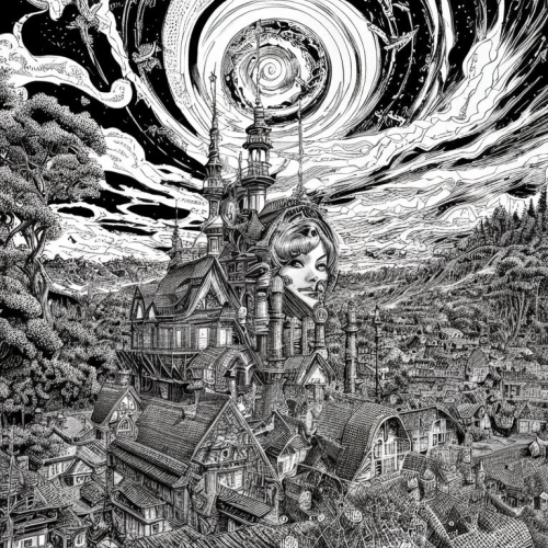 panopticon,tower of babel,apocalyptic,post-apocalyptic landscape,psychedelic art,dead earth,buddhist hell,clockmaker,gaia,fantasy world,sci fiction illustration,firmament,other world,temples,destroyed city,planet eart,scene cosmic,sidonia,fantasy city,baron munchausen,Art sketch,Art sketch,Fine Decoration