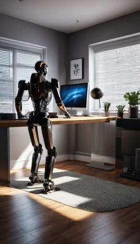 office automation,robot combat,man with a computer,robotics,smart home,artificial intelligence,home automation,blur office background,chat bot,robot,work at home,automation,robots,computer desk,military robot,modern office,robot in space,chatbot,robotic,minibot,Photography,General,Realistic