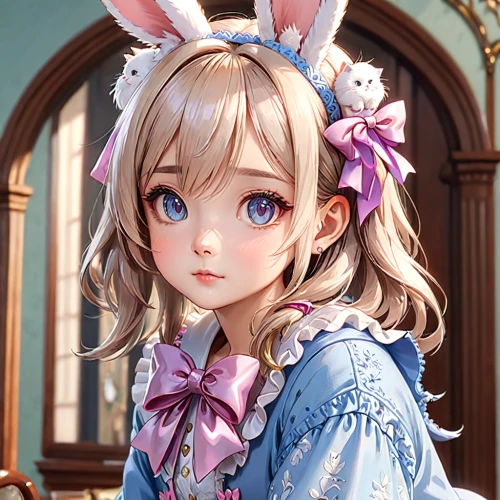 violet evergarden,bunny,alice,little bunny,portrait background,easter theme,honmei choco,kawaii,custom portrait,luka,fairy tale character,no ear bunny,rabbit,spring crown,hyacinths,easter background,little rabbit,female hares,european rabbit,cocoa,Anime,Anime,General