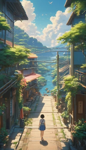 studio ghibli,summer evening,summer day,idyllic,seaside country,waterfront,seaside,summer sky,芦ﾉ湖,dream world,sea-shore,scenery,tsukemono,meteora,atmosphere,seaside view,shirakami-sanchi,aurora village,kyoto,honolulu,Photography,General,Cinematic