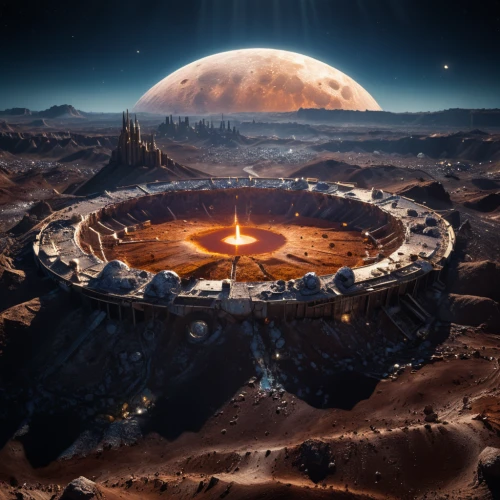 lunar landscape,scorched earth,crater,ring of fire,futuristic landscape,fire ring,stargate,fire planet,valley of the moon,burning earth,phase of the moon,exoplanet,volcanic field,burning man,shield volcano,volcanic crater,terraforming,heliosphere,planet mars,ancient city,Photography,General,Cinematic