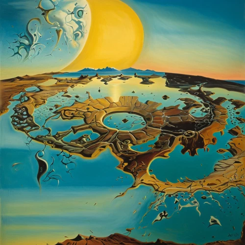 lunar landscape,acid lake,archipelago,indigenous painting,aeolian landform,floating islands,mother earth,shamanism,el salvador dali,navajo bay,phase of the moon,laguna verde,dali,altiplano,solar field,desert landscape,an island far away landscape,floating island,terraforming,aerial landscape,Art,Artistic Painting,Artistic Painting 20